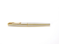 1970s Second Generation PARKER 45 UK Brushed Steel & Gold M Nib Fountain & Ballpoint Pen Set In Box