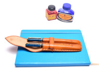 Rare Handmade Thick Genuine Leather Saddle Tan Brown Pouch Case for 2 Fountain Rollerball or Ballpoint Pens
