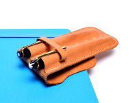 Vintage Handmade Thick Genuine Leather Camel Brown Pouch Case for 2 Fountain Rollerball Ballpoint Pens