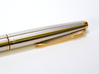 1970s Second Generation PARKER 45 UK Brushed Steel & Gold M Nib Fountain & Ballpoint Pen Set In Box