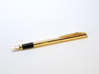 Rare Made in USA 1980s Quill 18k 750 Gold Filled Cartridge Fountain Pen with 18K Gold M Nib In Oak Wood Box