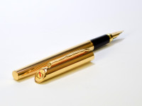 Rare Made in USA 1980s Quill 18k 750 Gold Filled Cartridge Fountain Pen with 18K Gold M Nib In Oak Wood Box