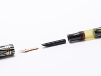 Reform LUXUS Fountain Pen Original Never Used Amazing Art Deco 1930s Reform LUXUS Chevron "Tiger Eye" Jade Green Celluloid w/14K Super Flex Nib Fountain Pen from the "Attic Find"