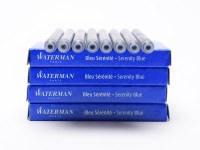 WATERMAN Serenity Blue Cartridges   Specs: Made in France Size: Large/Long Fits: Waterman Pens (and other pens using Standard International Format) Ink Color: Serenity Blue (Also known as Florida Erasable Blue - Royal Blue Ink Type: Water Based Standard: 