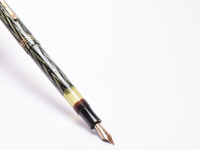 Reform LUXUS Fountain Pen Original Never Used Amazing Art Deco 1930s Reform LUXUS Chevron "Tiger Eye" Jade Green Celluloid w/14K Super Flex Nib Fountain Pen from the "Attic Find"