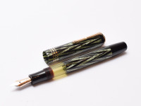 Reform LUXUS Original Never Used Amazing Art Deco 1930s Reform LUXUS Chevron "Tiger Eye" Jade Green Celluloid w/14K Super Flex Nib Fountain Pen from the "Attic Find"