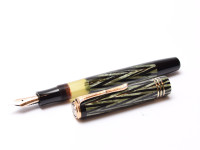 Reform LUXUS Original Never Used Amazing Art Deco 1930s Reform LUXUS Chevron "Tiger Eye" Jade Green Celluloid w/14K Super Flex Nib Fountain Pen from the "Attic Find"