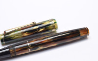 Breathtaking 1930s Italy's ANCORA DUPLEX No. 42 Brown & Green Marbled - Tortoise Honey "Tiger Eye" Celluloid 14K Super Flex GZ Nib Push Button Fountain Pen from the "Attic Find"
