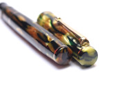 Breathtaking 1930s Italy's ANCORA DUPLEX No. 42 Brown & Green Marbled - Tortoise Honey "Tiger Eye" Celluloid 14K Super Flex GZ Nib Push Button Fountain Pen from the "Attic Find"