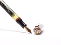 Reform LUXUS Fountain Pen Original Never Used Amazing Art Deco 1930s Reform LUXUS Chevron "Tiger Eye" Jade Green Celluloid w/14K Super Flex Nib Fountain Pen from the "Attic Find"