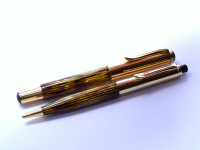 1951 PELIKAN 500 & 550 Rolled Gold Flexible Nib Tortoise Brown Shell Fountain Pen & Pencil Set Leather Pouch