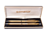Vintage Senator Gold Plated Push Button Mechanism Ballpoint Pen & 1.00mm Lead Mechanical Pencil Set in Box