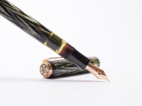 Reform LUXUS Fountain Pen Original Never Used Amazing Art Deco 1930s Reform LUXUS Chevron "Tiger Eye" Jade Green Celluloid w/14K Super Flex Nib Fountain Pen from the "Attic Find"