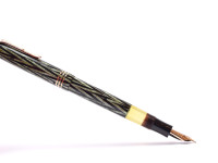 Reform LUXUS Fountain Pen Original Never Used Amazing Art Deco 1930s Reform LUXUS Chevron "Tiger Eye" Jade Green Celluloid w/14K Super Flex Nib Fountain Pen from the "Attic Find"