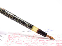 Reform LUXUS Fountain Pen Original Never Used Amazing Art Deco 1930s Reform LUXUS Chevron "Tiger Eye" Jade Green Celluloid w/14K Super Flex Nib Fountain Pen from the "Attic Find"