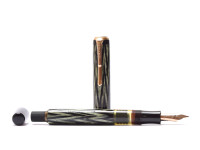 Reform LUXUS Fountain Pen Original Never Used Amazing Art Deco 1930s Reform LUXUS Chevron "Tiger Eye" Jade Green Celluloid w/14K Super Flex Nib Fountain Pen from the "Attic Find"