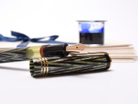 Reform LUXUS Original Never Used Amazing Art Deco 1930s Reform LUXUS Chevron "Tiger Eye" Jade Green Celluloid w/14K Super Flex Nib Fountain Pen from the "Attic Find"