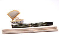 Reform LUXUS Original Never Used Amazing Art Deco 1930s Reform LUXUS Chevron "Tiger Eye" Jade Green Celluloid w/14K Super Flex Nib Fountain Pen from the "Attic Find"