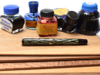 Reform LUXUS Original Never Used Amazing Art Deco 1930s Reform LUXUS Chevron "Tiger Eye" Jade Green Celluloid w/14K Super Flex Nib Fountain Pen from the "Attic Find"