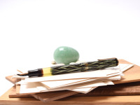 Reform LUXUS Original Never Used Amazing Art Deco 1930s Reform LUXUS Chevron "Tiger Eye" Jade Green Celluloid w/14K Super Flex Nib Fountain Pen from the "Attic Find"