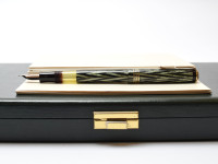 Reform LUXUS Original Never Used Amazing Art Deco 1930s Reform LUXUS Chevron "Tiger Eye" Jade Green Celluloid w/14K Super Flex Nib Fountain Pen from the "Attic Find"