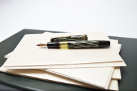 Reform LUXUS Original Never Used Amazing Art Deco 1930s Reform LUXUS Chevron "Tiger Eye" Jade Green Celluloid w/14K Super Flex Nib Fountain Pen from the "Attic Find"