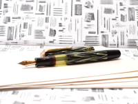 Reform LUXUS Original Never Used Amazing Art Deco 1930s Chevron "Tiger Eye" Jade Green Celluloid w/14K Super Flex Nib Fountain Pen from the "Attic Find"