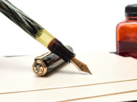 Reform LUXUS Original Never Used Amazing Art Deco 1930s Reform LUXUS Chevron "Tiger Eye" Jade Green Celluloid w/14K Super Flex Nib Fountain Pen from the "Attic Find"