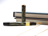 Reform LUXUS Original Never Used Amazing Art Deco 1930s Reform LUXUS Chevron "Tiger Eye" Jade Green Celluloid w/14K Super Flex Nib Fountain Pen from the "Attic Find"