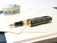 Reform LUXUS Fountain Pen Original Never Used Amazing Art Deco 1930s Reform LUXUS Chevron "Tiger Eye" Jade Green Celluloid w/14K Super Flex Nib Fountain Pen from the "Attic Find"