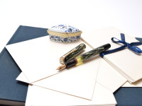 Reform LUXUS Original Never Used Amazing Art Deco 1930s Reform LUXUS Chevron "Tiger Eye" Jade Green Celluloid w/14K Super Flex Nib Fountain Pen from the "Attic Find"