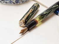 Reform LUXUS Original Never Used Amazing Art Deco 1930s Reform LUXUS Chevron "Tiger Eye" Jade Green Celluloid w/14K Super Flex Nib Fountain Pen from the "Attic Find"