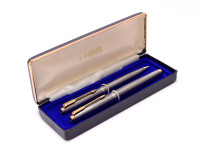 PARKER 75 Made in USA Solid 925 Sterling Silver Crosshatch Cisele Fountain Pen & Mechanical Pencil Set