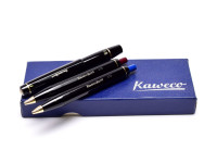 Rare New NOS 1970s 12 Sided Black Resin KAWECO Sport V16 & Two 619 EF Fountain & Two Ballpoint Red & Blue Pens Set in Box