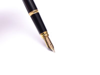 1990s WATERMAN Ideal Gentleman Black Lacquer & Gold 18K F Flex Nib Fountain Pen & Slimline 0.7mm Leads Mechanical Pencil Set in Box