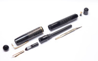  1940s France's Le Stylo RALLY No. 10 - Black Celluloid Art Deco Chevron 14K Nib Push Button Fountain Pen