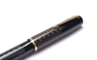  1940s France's Le Stylo RALLY No. 10 - Black Celluloid Art Deco Chevron 14K Nib Push Button Fountain Pen