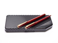 Rare Unique Reform W. Germany Red & Gold 23K Gold Plated Striped Special F Two Toned Nib Cartridge Fountain & Ballpoint Pen Set in Box 