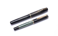  1940s France's Le Stylo RALLY No. 10 - Black Celluloid Art Deco Chevron 14K Nib Push Button Fountain Pen