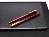 Rare Unique Reform W. Germany Red & Gold 23K Gold Plated Striped Special F Two Toned Nib Cartridge Fountain & Ballpoint Pen Set in Box 