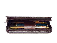 Vintage Mercedes Benz Chocolate Brown Leatherette Zipper Pouch Pen Holder for 3 Fountain Rollerball or Ballpoint Pens