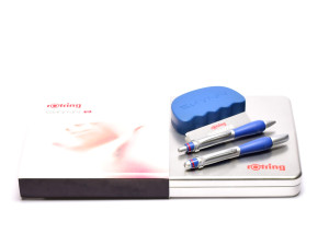 Vintage 2000s Rotring Skynn Matt Silver & Deep Blue Rubberized Padded Grip XS Fountain & G2 Refill Ballpoint Pen Set w/ Stress Dumb In Box