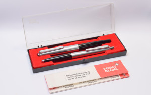 NOS 1970s Montblanc Junior 622 & 692 Matte Steel & Chrome Trim Cartridge / Converter Fountain & Ballpoint Pen Set In Box & Papers
