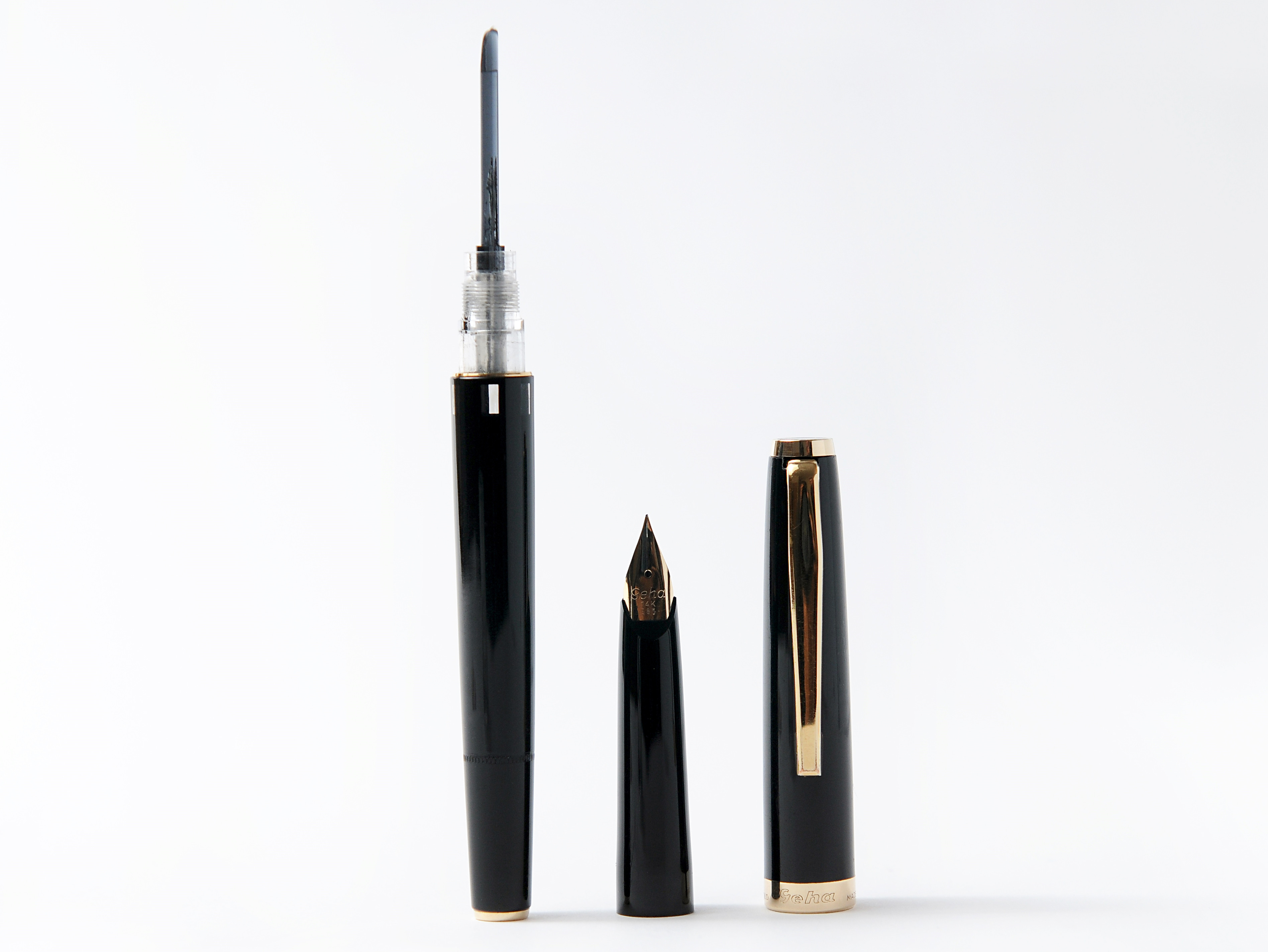 1960's GEHA No. 726 Rolled Gold Semi-Flex F Nib Black Resin Fountain ...
